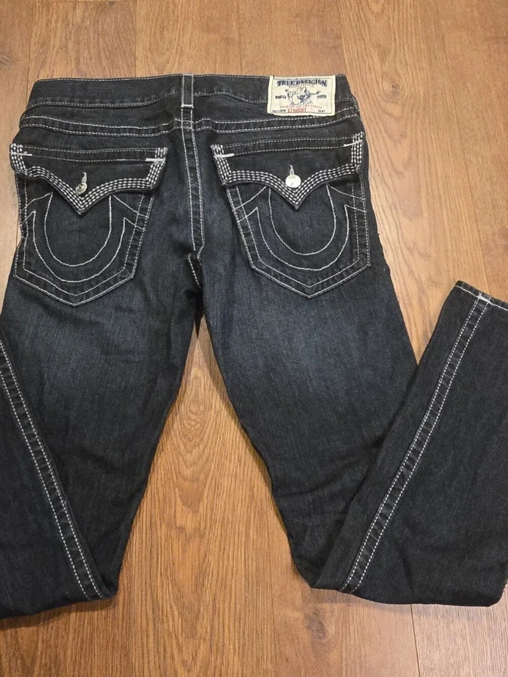 True Religion Ricky Straight Jeans Mens 34x34 Dark Wash Made USA Contrast Stitch